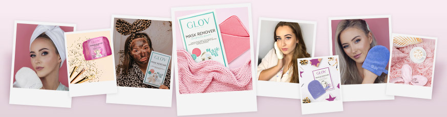 Polaroid Collage mit GLOV-Produkten zum Abschminken und in Anwendung bei jungen Frauen
